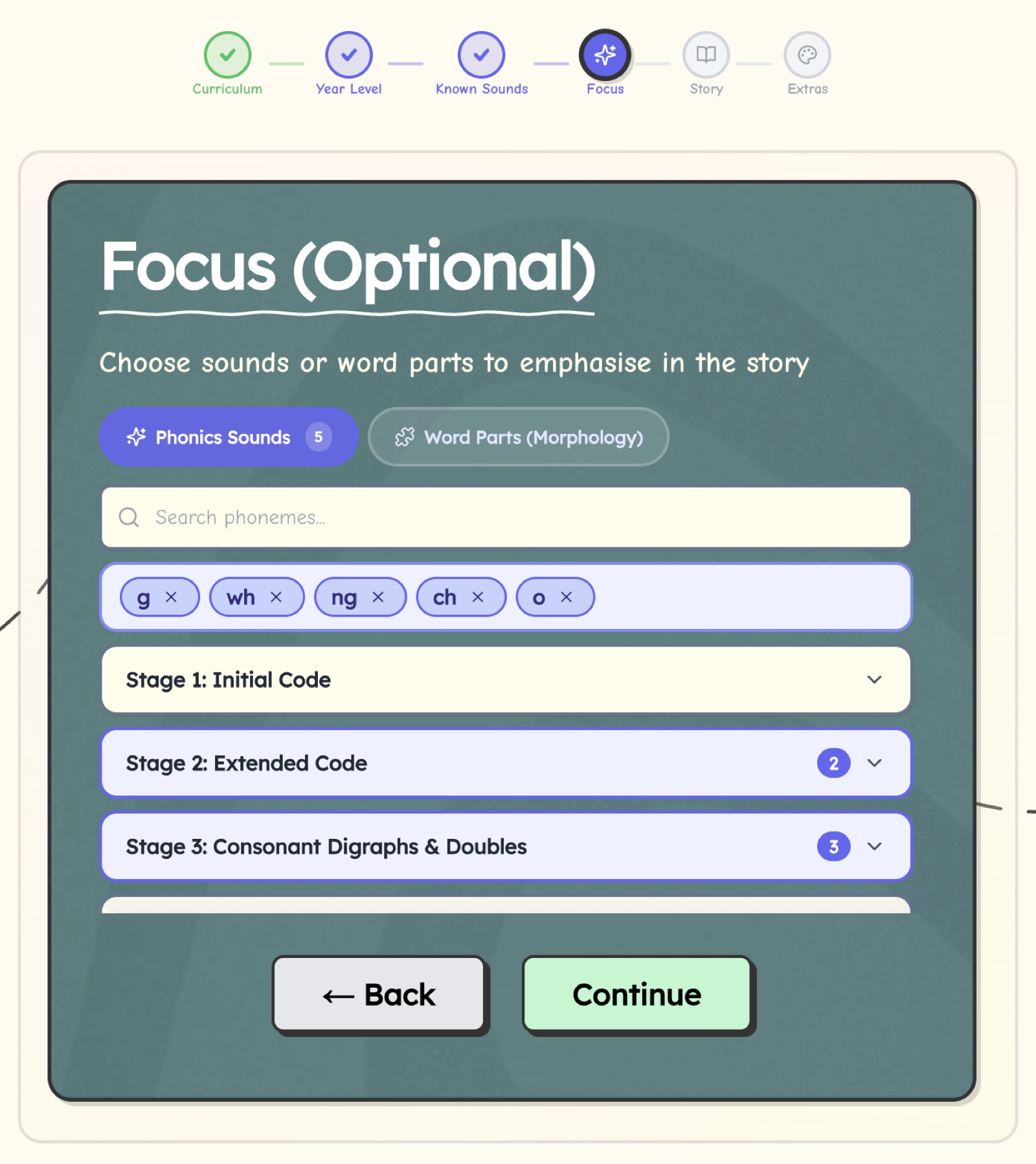 Phonics focus selection interface