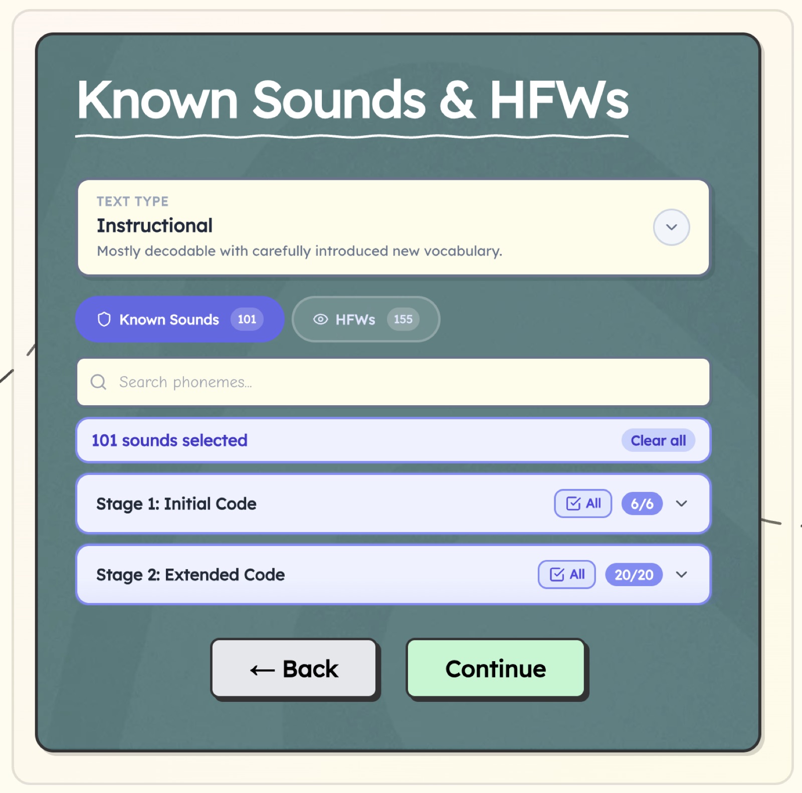 Known sounds and high frequency words selection