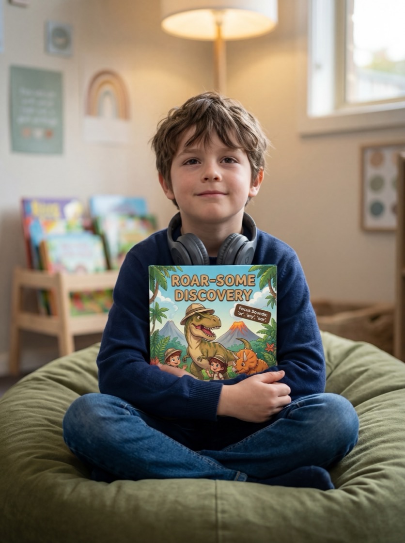 A child happily reading a personalized phonics storybook at home