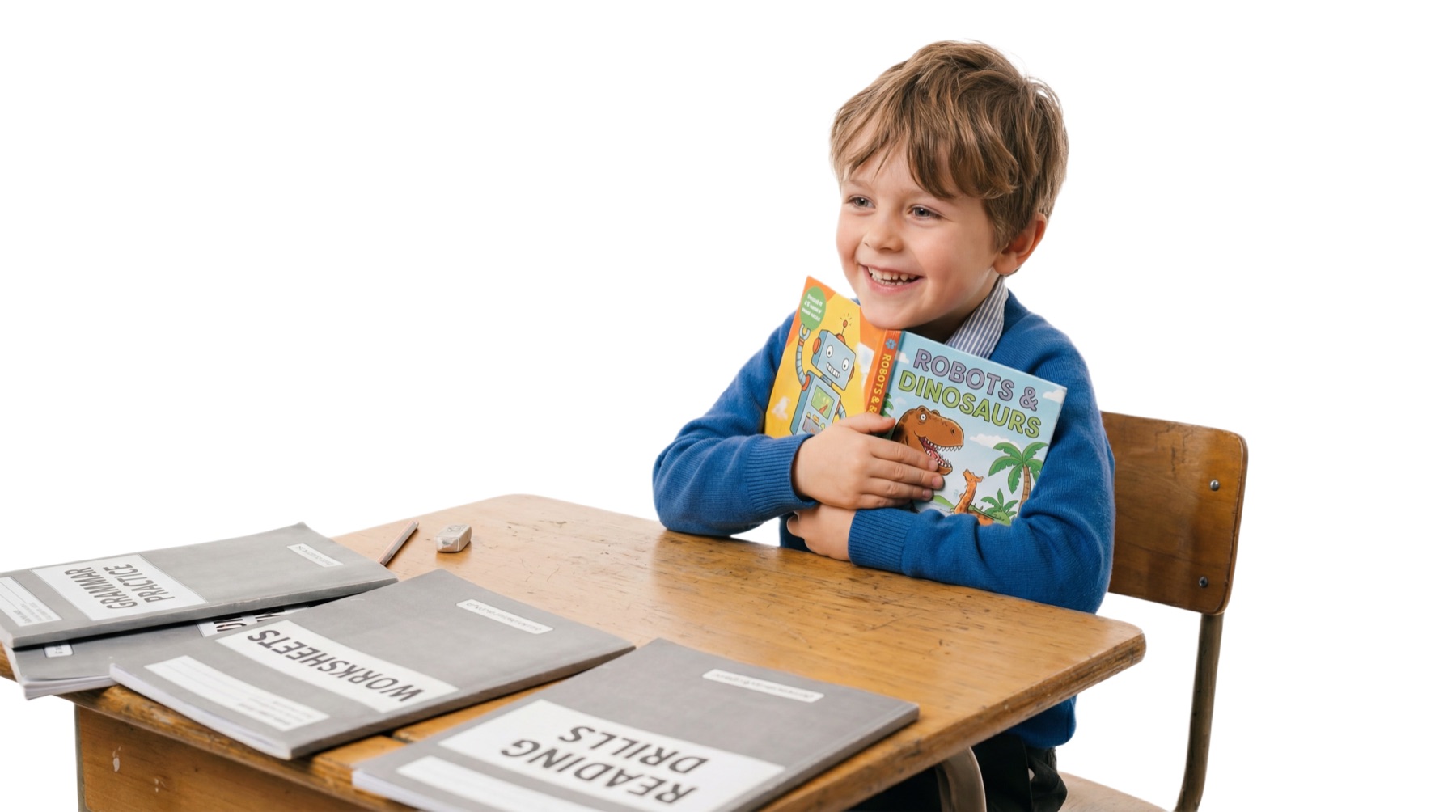 Happy student holding a personalized phonics storybook